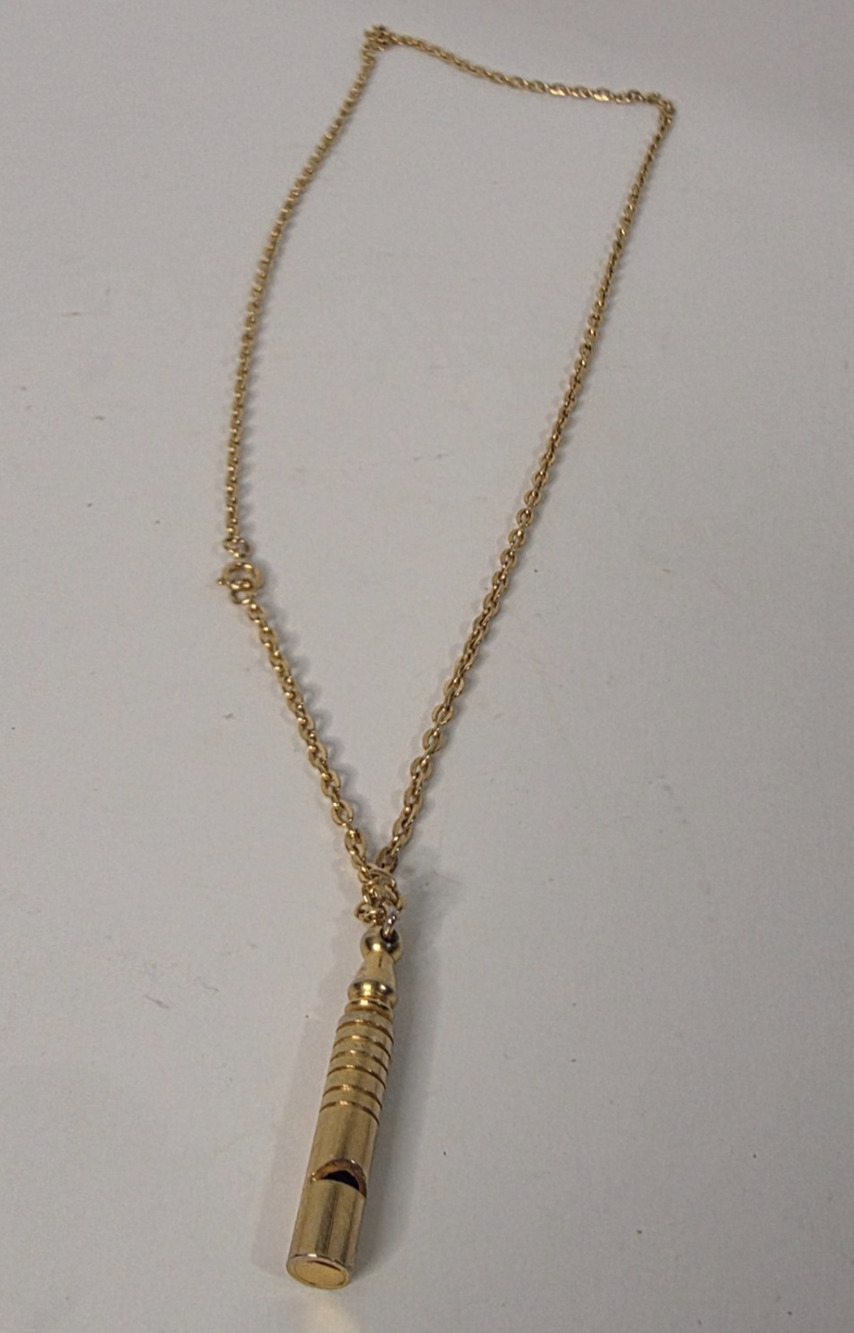 Gold Tone Whistle Pendant Necklace Ribbed Cylinder Link Chain Novelty Jewelry